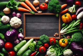Fresh Vegetables frame with place for text Healthy food or diet concept Frame of vegetables with space for text Healthy Organic Vegetables Frame on a Wooden Background
