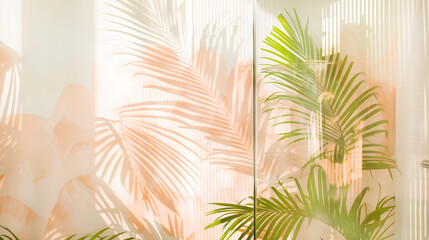 Tropical palm leaves on Clear reeded shower screen of Fluted Glass with sunlight. Fluted Interior
