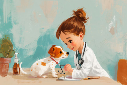 Young girl pretending to be a vet with her adorable puppy