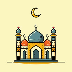 A vibrant illustration of a mosque with line art style and flat color, perfect for Ramadan, Eid, and Islamic event