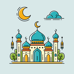 A vibrant illustration of a mosque with line art style and flat color, perfect for Ramadan, Eid, and Islamic event