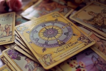 Elegantly displayed tarot cards bask in natural light, arranged meticulously on a pristine surface
