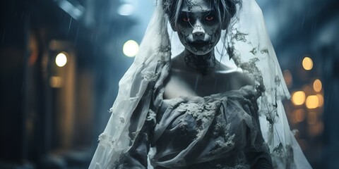 Asian woman with ghostly makeup portrays a zombie bride for a Halloween festival. Concept Halloween Makeup, Zombie Bride, Asian Model, Spooky Photoshoot, Halloween Festival - obrazy, fototapety, plakaty