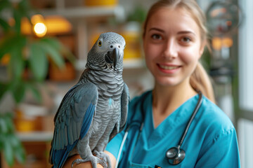Veterinarian Holding an African Grey Parrot