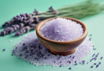 Fototapeta na wymiar Lavender flavored sea salt and bouquet of lavender on mint green background Aromatherapy treatment Spiritual aura cleansing ritual bath for full moon ritual. Aroma salt and lavender