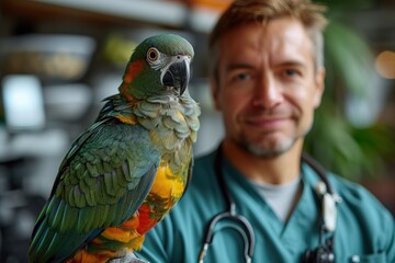 Veterinarian with a Brightly Colored Caique Parrot