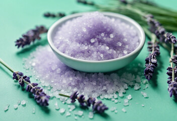 Obraz na płótnie Canvas Lavender flavored sea salt and bouquet of lavender on mint green background Aromatherapy treatment Spiritual aura cleansing ritual bath for full moon ritual. Aroma salt and lavender