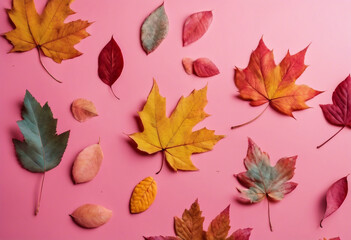 Multicolored set yellow orange red green brown autumn leaves on pink pastel background Hello Autumn...