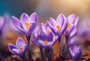 Natural autumn background with delicate purple lilac crocus flowers close up and sun light