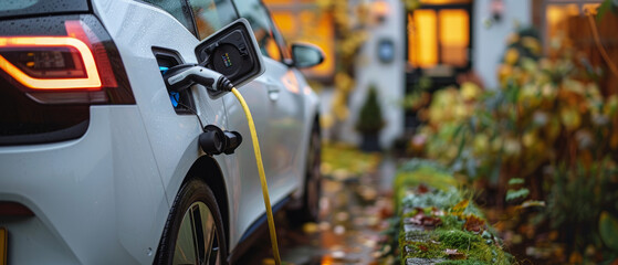 Charging an electric car at home, among the greenery, in the rain. The concept of modern technologies and zero emissions - obrazy, fototapety, plakaty