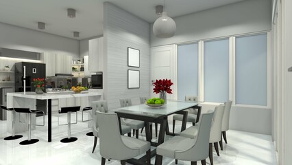 Modern Dining Room Design Integrate with Kitchen and Bar Table