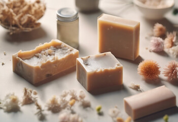 Natural soap bars with ingredients DIY cosmetics products Spa bath still life isometric view Easy Homemade Beauty Products
