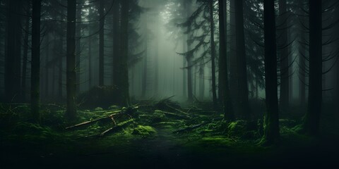 Eerie forest shrouded in mist creating an ominous and haunting atmosphere. Concept Misty Forest, Ominous Atmosphere, Eerie Photography, Haunting Landscape, Nature Photography - obrazy, fototapety, plakaty