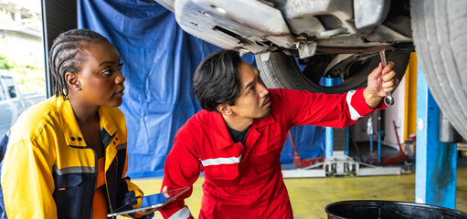 Japanese car mechanic man fixing car with black woman technician assistance in auto repair garage
