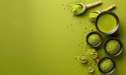 artistic top down composition of vibrant green matcha tea powder and utensils on a bright background , copy space for text 