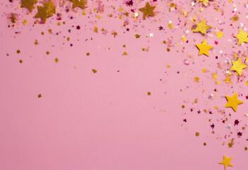 Pink and yellow pastel Stars Glitter Confetti on pink background Festive backdrop Frame made of...