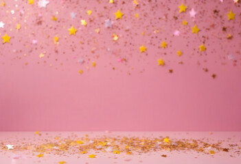 Pink and yellow pastel Stars Glitter Confetti on pink background Festive backdrop with copy space