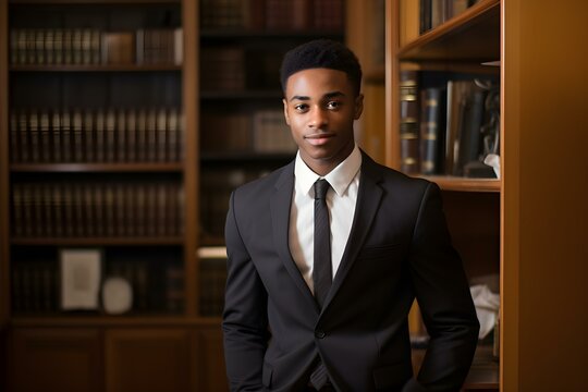 Confident and content a young black man in formal attire poses in an office setting. Concept Professional Photoshoot, Formal Attire, Young Black Man, Office Setting, Confident Pose