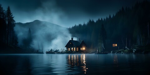 Spooky lakeside cabin taken by an AI adds an eerie ambiance. Concept Spooky, Lakeside Cabin, Eerie, Photo Editing, AI Technology - obrazy, fototapety, plakaty
