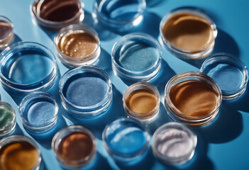 Samples of gel cosmetic products in a Petri dish on blue banner hard shadows - obrazy, fototapety, plakaty