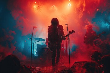 Rock band performing on stage in smoke and lights