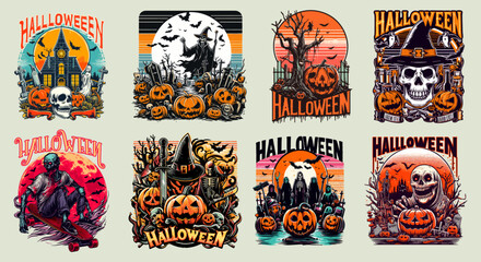 retro vintage helloween t shirt design bundle, helloween vector illustration 