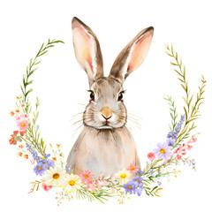 Obraz premium Enchanting watercolor illustration capturing a charming rabbit surrounded by vibrant and delicate wildflowers.