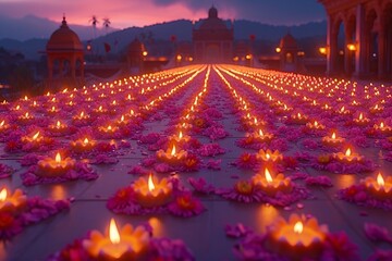 a rows of flowers with lit candles