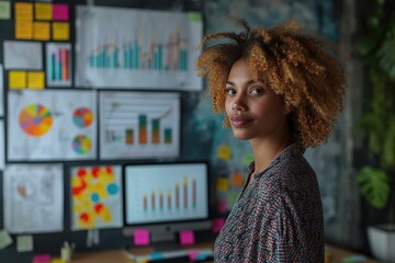 African American marketer with a confident smile in a busy office