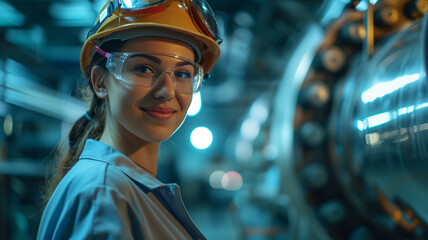 smiling female worker in modern industrial environment working