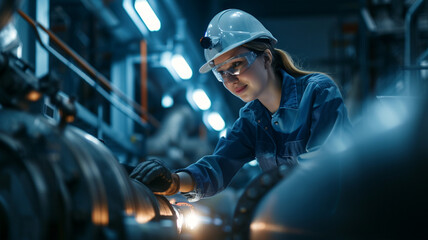 smiling female worker in modern industrial environment working