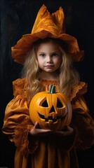 A little girl with long blond hair in a yellow dress and a yellow hat, holding a carved pumpkin, Halloween holiday.