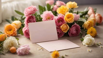 Obraz premium A bouquet of flowers and a card dedicated to International Women's Day. Concept March 8th.