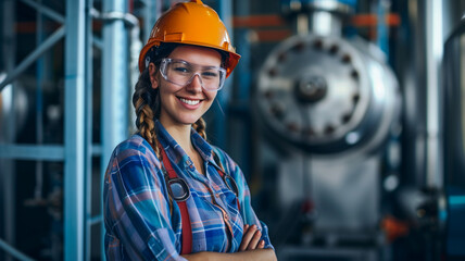 smiling female worker in modern industrial environment working