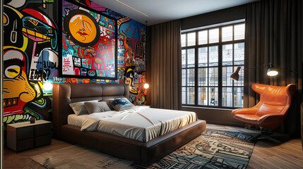 Modern Elegance: A Stunning Artistic Loft Bedroom, featuring Contemporary Style and Inspired Decor...