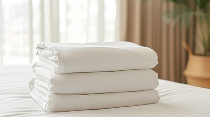 White folded ironed sheets on sofa bed. Bedding, laundry, hospitality, interiors concept. Mock up for advertising, illustration, presentation.  - obrazy, fototapety, plakaty