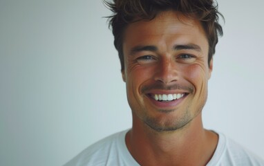 Fototapeta premium A photograph capturing a multiracial man with a bright smile, wearing a crisp white shirt. His expression exudes happiness and confidence, creating a positive and engaging image