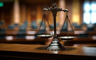 This photograph captures a set of scales of justice placed on a wooden table in a courtroom. The image conveys a sense of legal proceedings and the concept of justice being upheld in the judicial syst