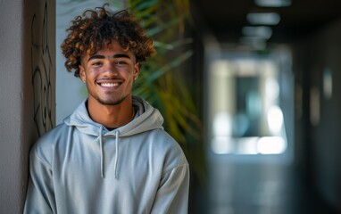 A photograph of a multiracial man with curly hair wearing a gray hoodie. The man is casually dressed and looking directly at the camera