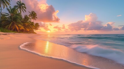 Fototapeta na wymiar The serene beauty of a tropical beach at sunset, with the sun casting a warm glow over the soft waves and palm trees, creating a tranquil and picturesque scene.