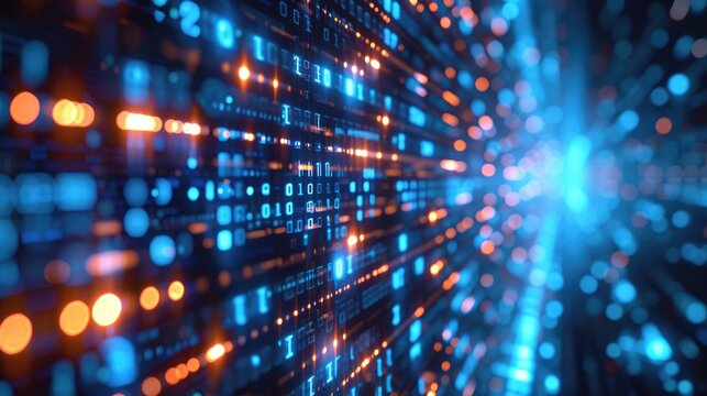 A close-up of streaming binary code on a digital interface, with a glowing bokeh effect, symbolizing complex data processing and computer programming.