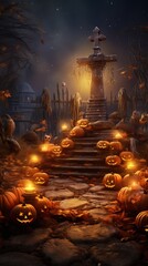 An eerie nighttime scene: a moonlit path lined with smiling pumpkins leading to a mysterious cross-shaped gravestone.