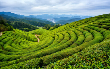 Tea plantations in Munnar, Kerala, India. Beautiful tea plantations landscape at sunset