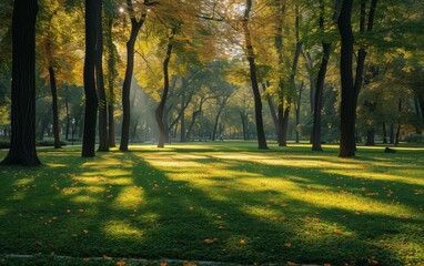 The suns rays filter through the dense canopy of trees in a park, casting a warm and natural glow on the green foliage below. The play of light creates a mesmerizing pattern on the ground, illuminatin