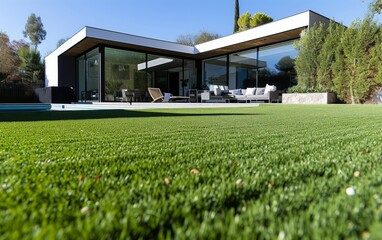 A photo of a house with a spacious lawn in front of it, creating a peaceful and inviting outdoor space. The well-kept lawn complements the architecture of the house, enhancing its overall curb appeal - obrazy, fototapety, plakaty