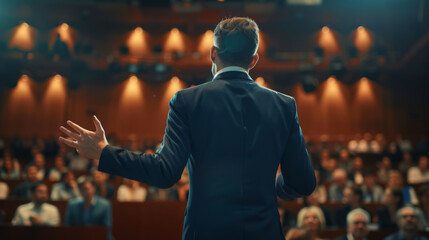 speaker at a business or entrepreneurship event, presenting to an audience in a conference hall. - obrazy, fototapety, plakaty