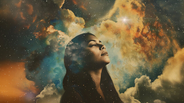 Double exposure of woman praying against sky background with clouds and light. Worship.