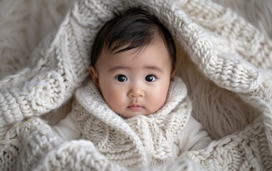 Fototapeta na wymiar A photo capturing a baby of multiethnic descent wrapped in a cozy blanket, gazing directly at the camera with curiosity