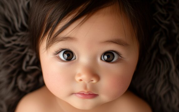 The close-up photograph captures the details of a baby with captivating big blue eyes. The image focuses on the babys facial features, particularly their eyes, showcasing their innocence and curiosity
