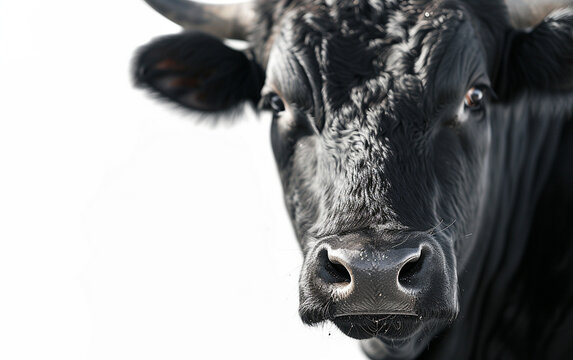 This photo showcases a close-up view of a cows face against a white background. The details of the cows features, such as its eyes, nose, and mouth, are prominently displayed in this image